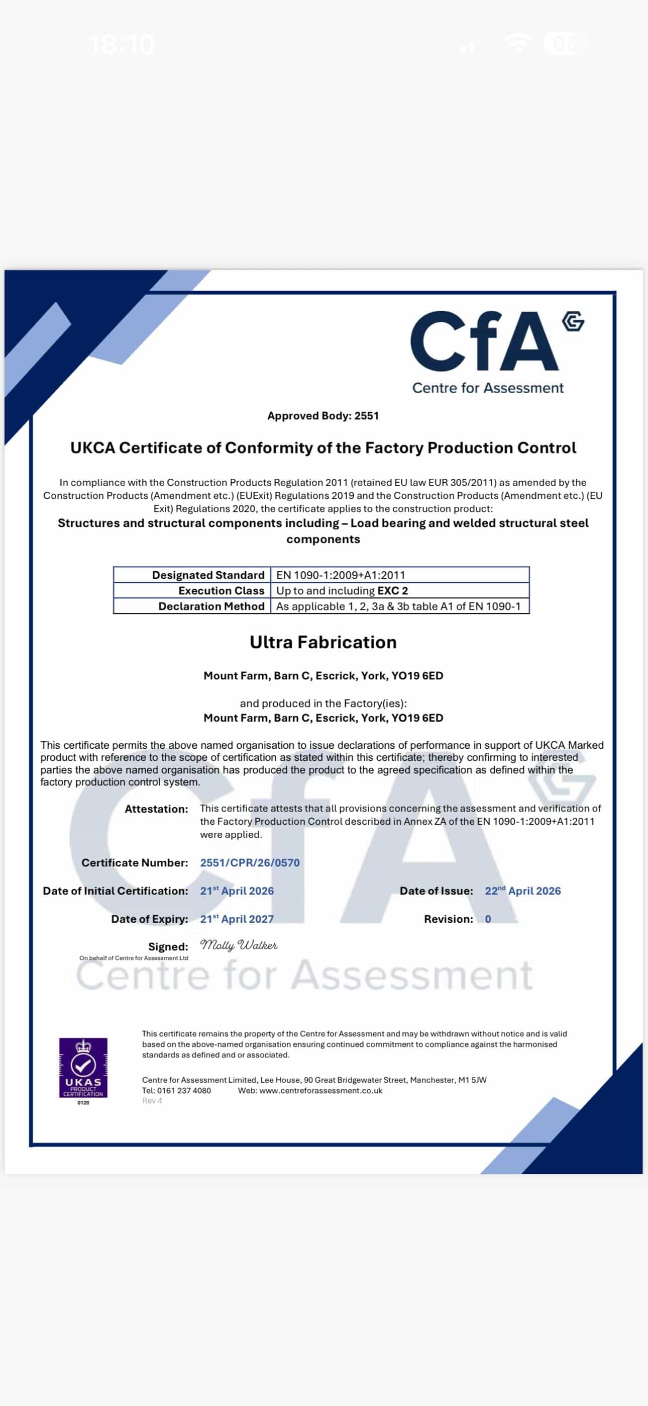 Ultra Fabrication EN 1090 EXC 2 UKCA Certificate of Conformity issued by Centre for Assessment